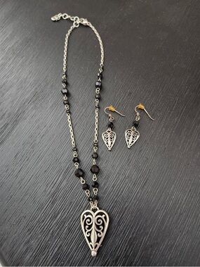 Brighton Silver Heart Filigree Necklace & Earrings Set - Black Bead Accents